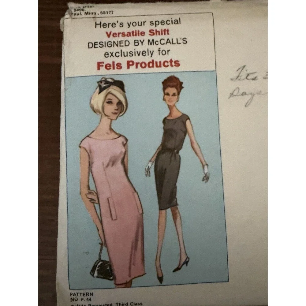 McCall's Sewing Pattern P-44 1960's Misses Dress Versatile Shift Size 10 12